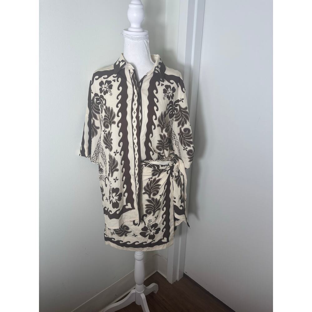 Commense Cream and Brown Mini Skirt with Floral Print